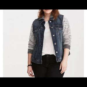Torrid Denim jacket, with terry cloth sleeves.